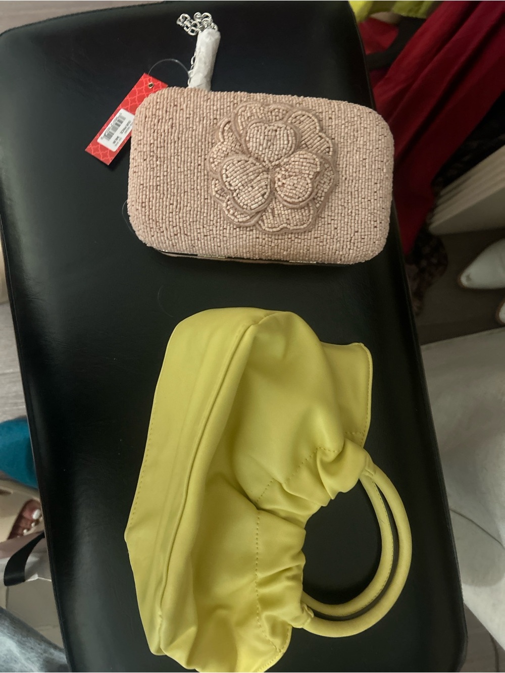 Beaded Floral Clutch and Lime Green Top-Handle Bag Set